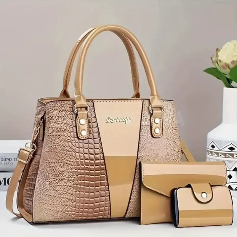 3pcs, Classic Large Capacity Mom Bag, Bright Surface Crocodile Pattern Multi-pocket Compartment Bag