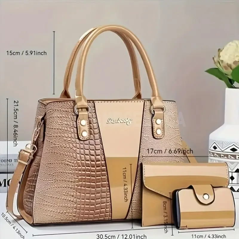 3pcs, Classic Large Capacity Mom Bag, Bright Surface Crocodile Pattern Multi-pocket Compartment Bag