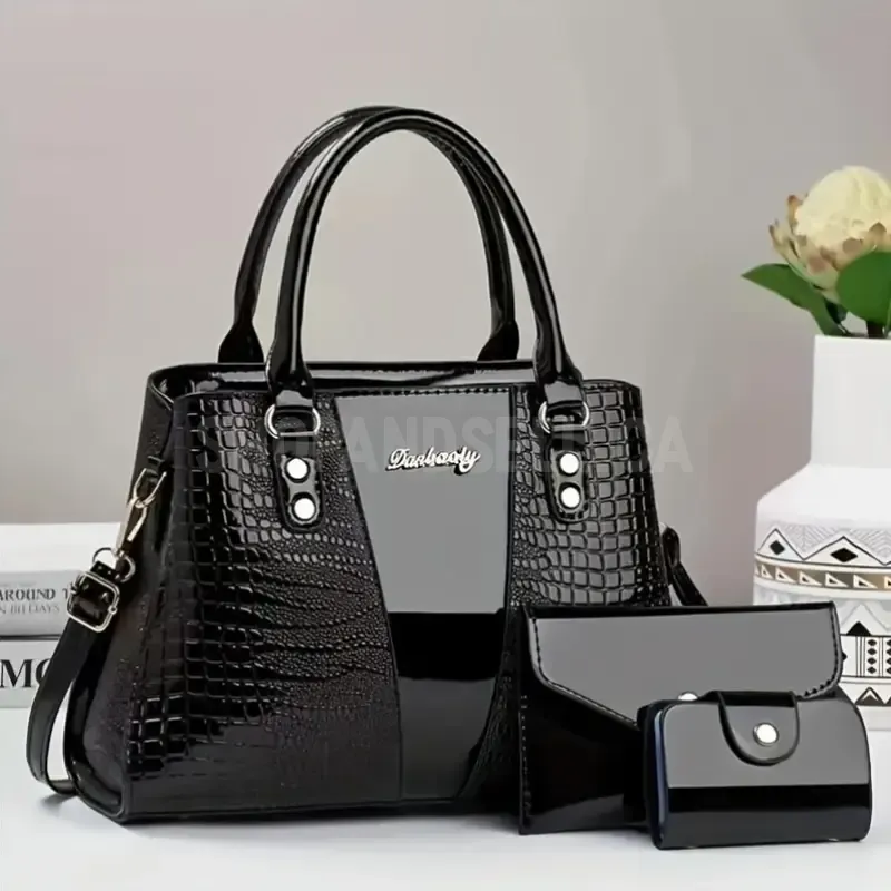 3pcs, Classic Large Capacity Mom Bag, Bright Surface Crocodile Pattern Multi-pocket Compartment Bag
