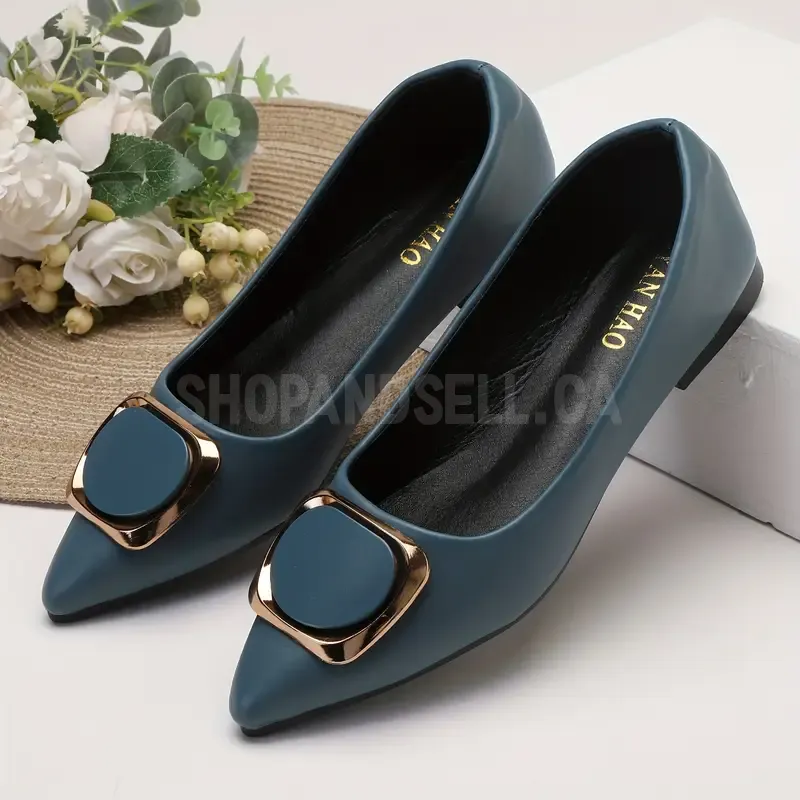 Women's Pointed Toe Mary Jane Flats - Summer Slip-On Ballet Shoes with Golden Accent Ring