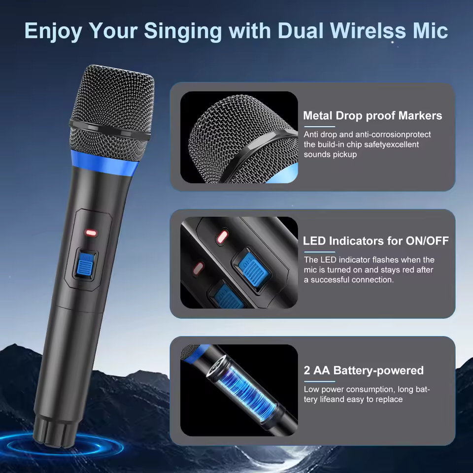 Karaoke Machine with 2 Wireless Microphones and Portable Speaker