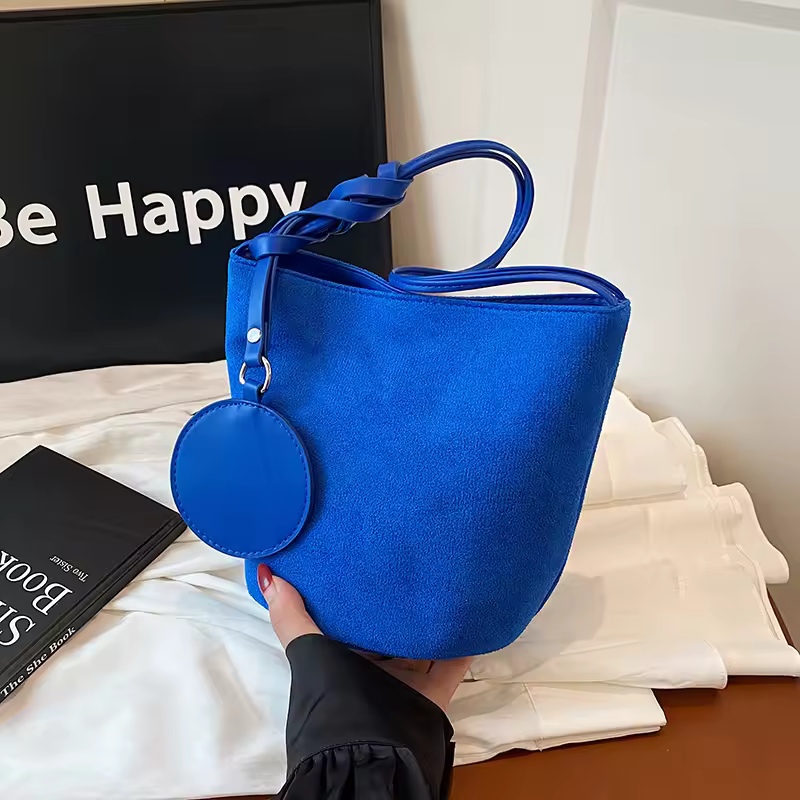 Solid Color Women Suede Shoulder Bucket Bags