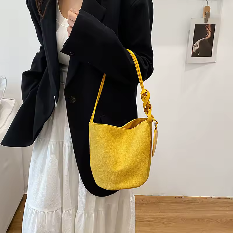 Solid Color Women Suede Shoulder Bucket Bags