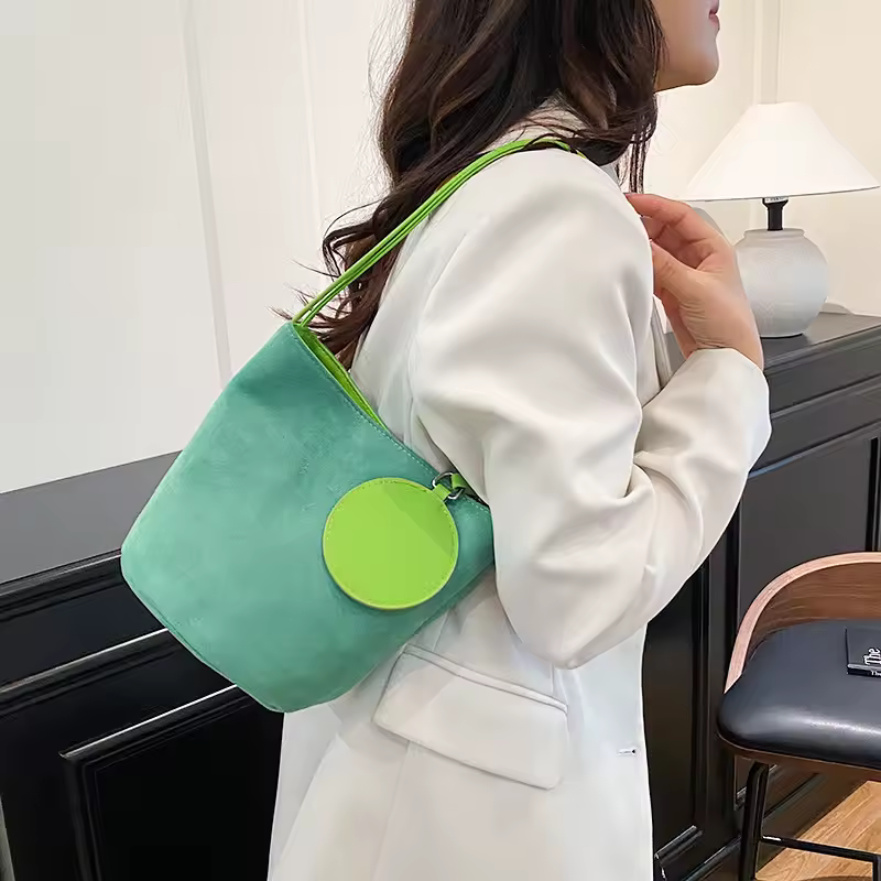 Solid Color Women Suede Shoulder Bucket Bags