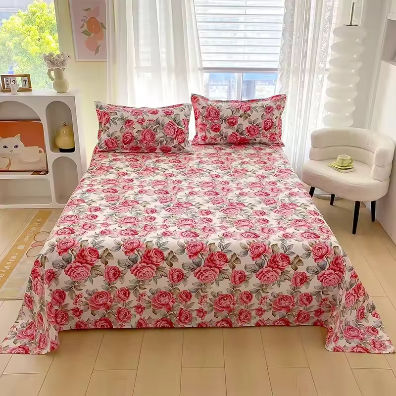 Red Flower Printed Flat Bed Sheets