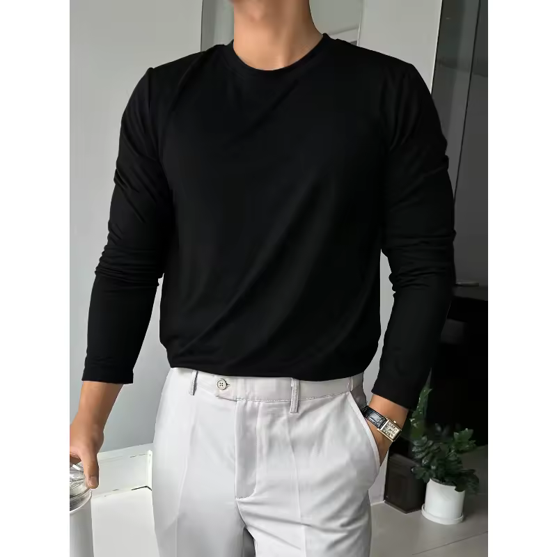 Men's solid black crew neck long-sleeved casual T-shirt