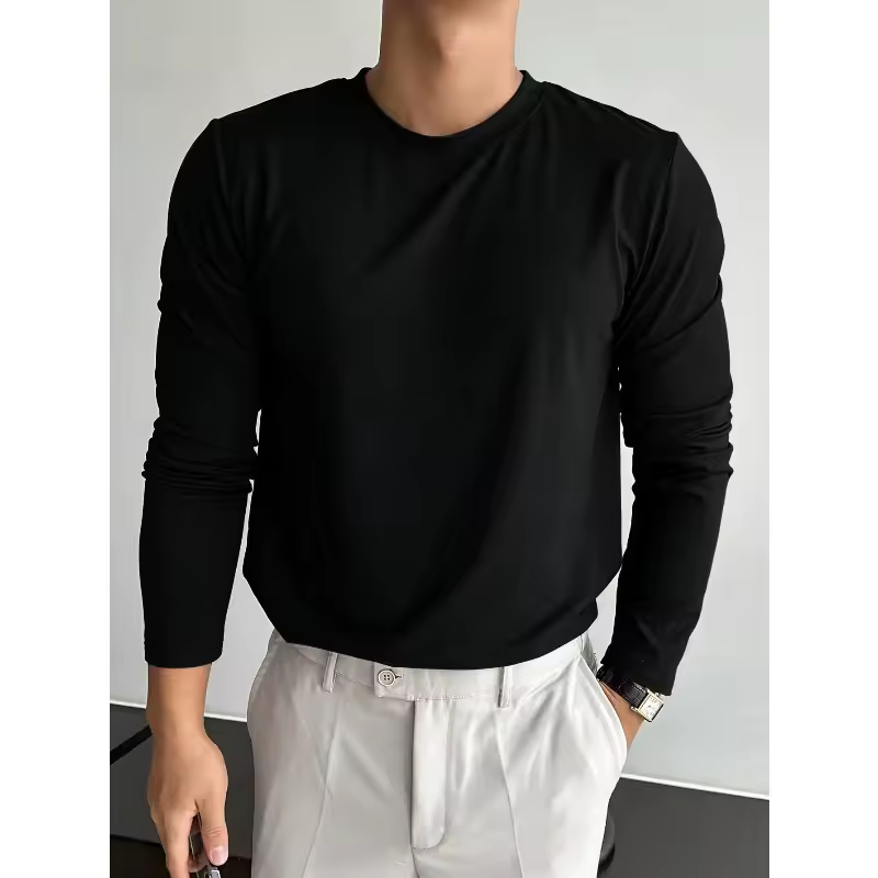 Men's solid black crew neck long-sleeved casual T-shirt