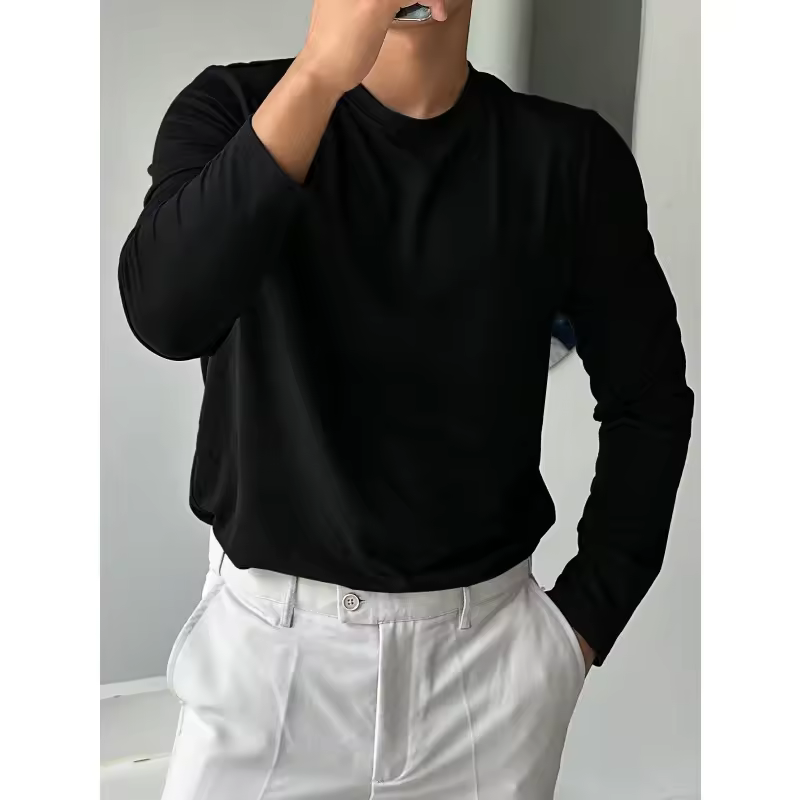 Men's solid black crew neck long-sleeved casual T-shirt